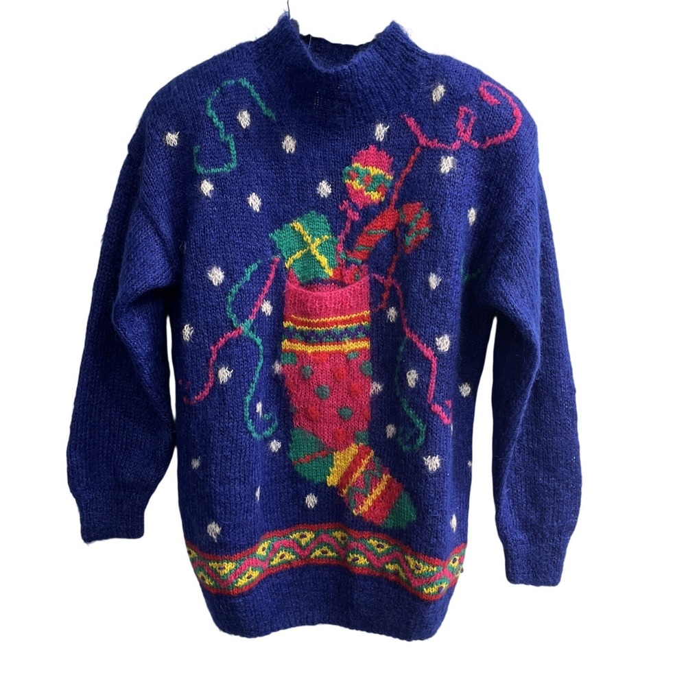 Vintage Casual‎ Corner Christmas Sweater Blue Mohair Blend Pullover Size M Xmas